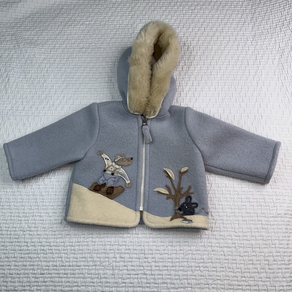 Giesswein Baby 100% New Wool Dog Mouse Austrian Sweater Jacket Blue Hooded 6-12M